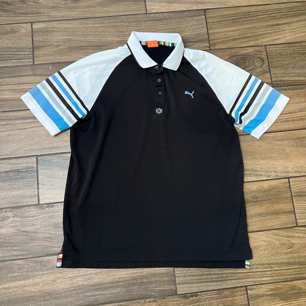 Puma Golf Polo Shirt Mens L Black Blue White Striped Performance SportLifestyle